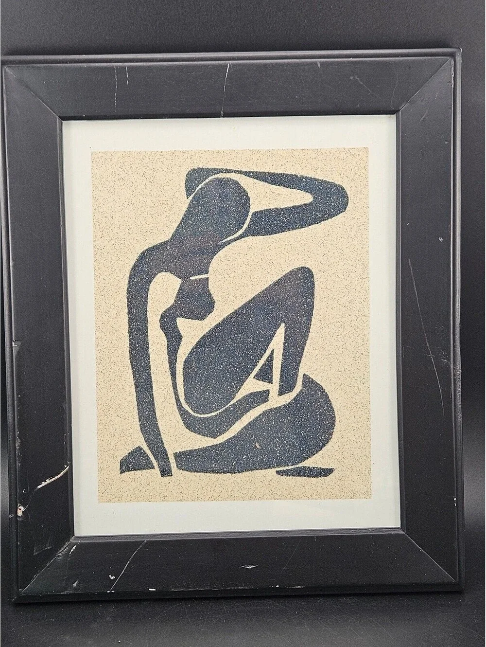 Vintage Framed Matisse Style Black Seated Female Silhouette Textured Sand Art